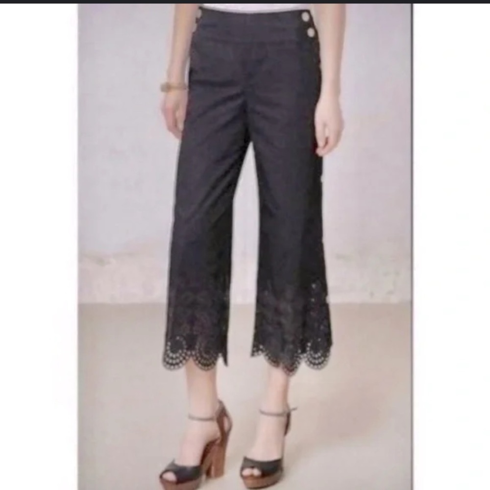 Anthropologie Elevenses Black Eyelet Scalloped Hem Pants 10